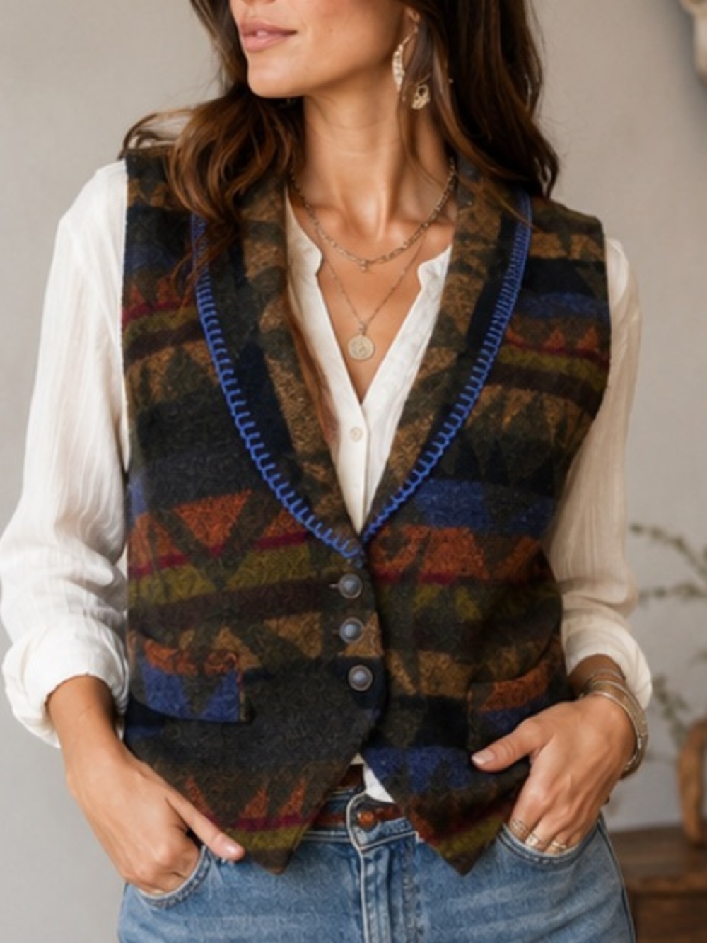 Vintage RoughRider by Circle T Southwestern Wool Blend Vest Aztec Geometric XS